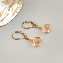 Load image into Gallery viewer, Dainty Morganite earrings dangle 14k gold, Sterling Silver, Rose Gold Peach Pink Quartz