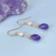 Load image into Gallery viewer, Amethyst earrings dangle, 14k Gold Fill, Sterling Silver, crystal
