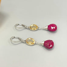 Load image into Gallery viewer, Ruby and Citrine earrings dangle, Sterling Silver
