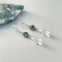Load image into Gallery viewer, Unique Handmade Moss Agate and Crystal Quartz Earrings Dangle Leverback