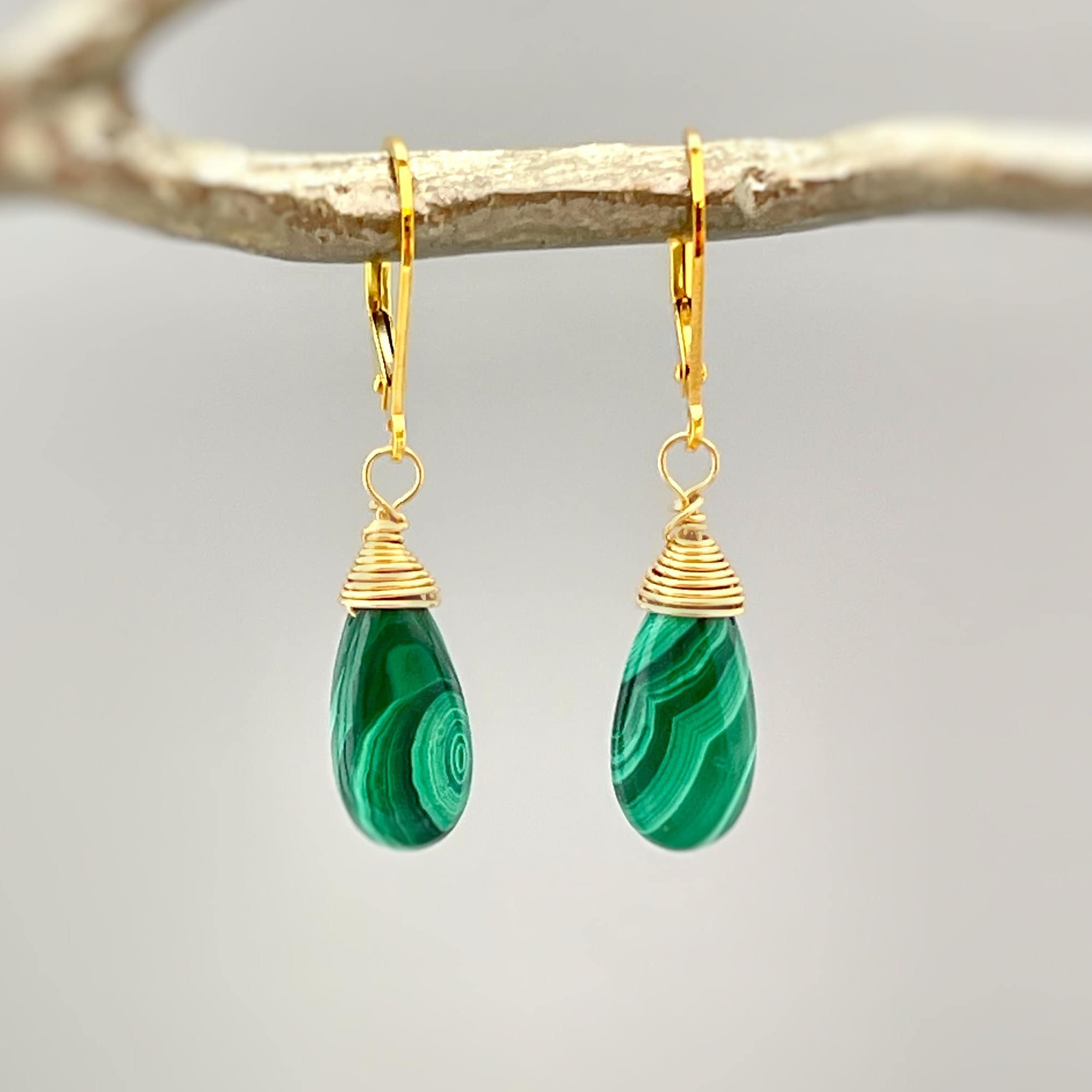 a pair of green and gold earrings on a branch