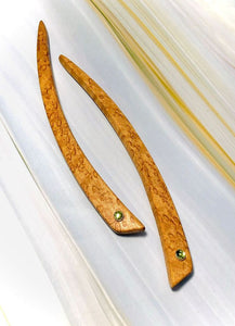 Genuine Prehnite and Birdseye Maple gemstone wood hair sticks, wood silver hair sticks