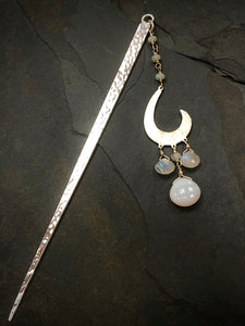 Luxury Hammered Silver Gemstone Hair stick Kanzashi Genuine Opal and Moonstone Hair Stick