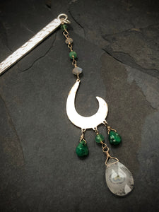 Luxury Hammered Silver Gemstone Hair stick Kanzashi Moonstone and genuine Emerald Hair Stick