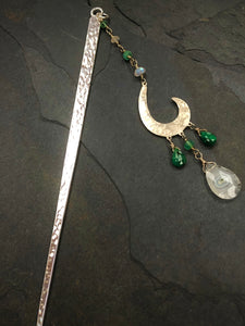 Luxury Hammered Silver Gemstone Hair stick Kanzashi Moonstone and genuine Emerald Hair Stick