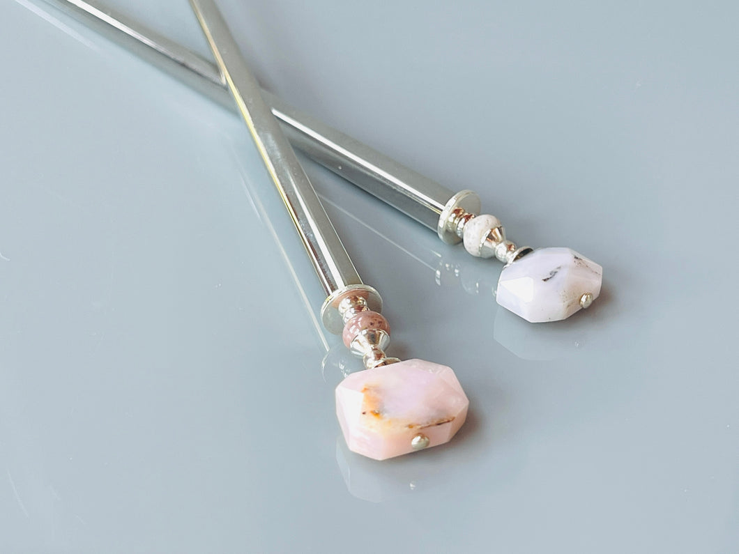 Pink Opal Hair Sticks, silver Pink Opal Gemstone Hair Pin