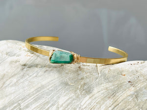 Genuine Emerald Cuff Bracelet Matte White Gold Gemstone Cuff Bracelet