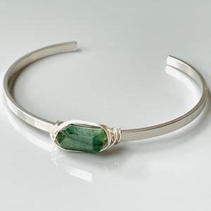 Genuine Raw Emerald Cuff Bracelet Matte White Gold Gemstone Cuff Bracelet
