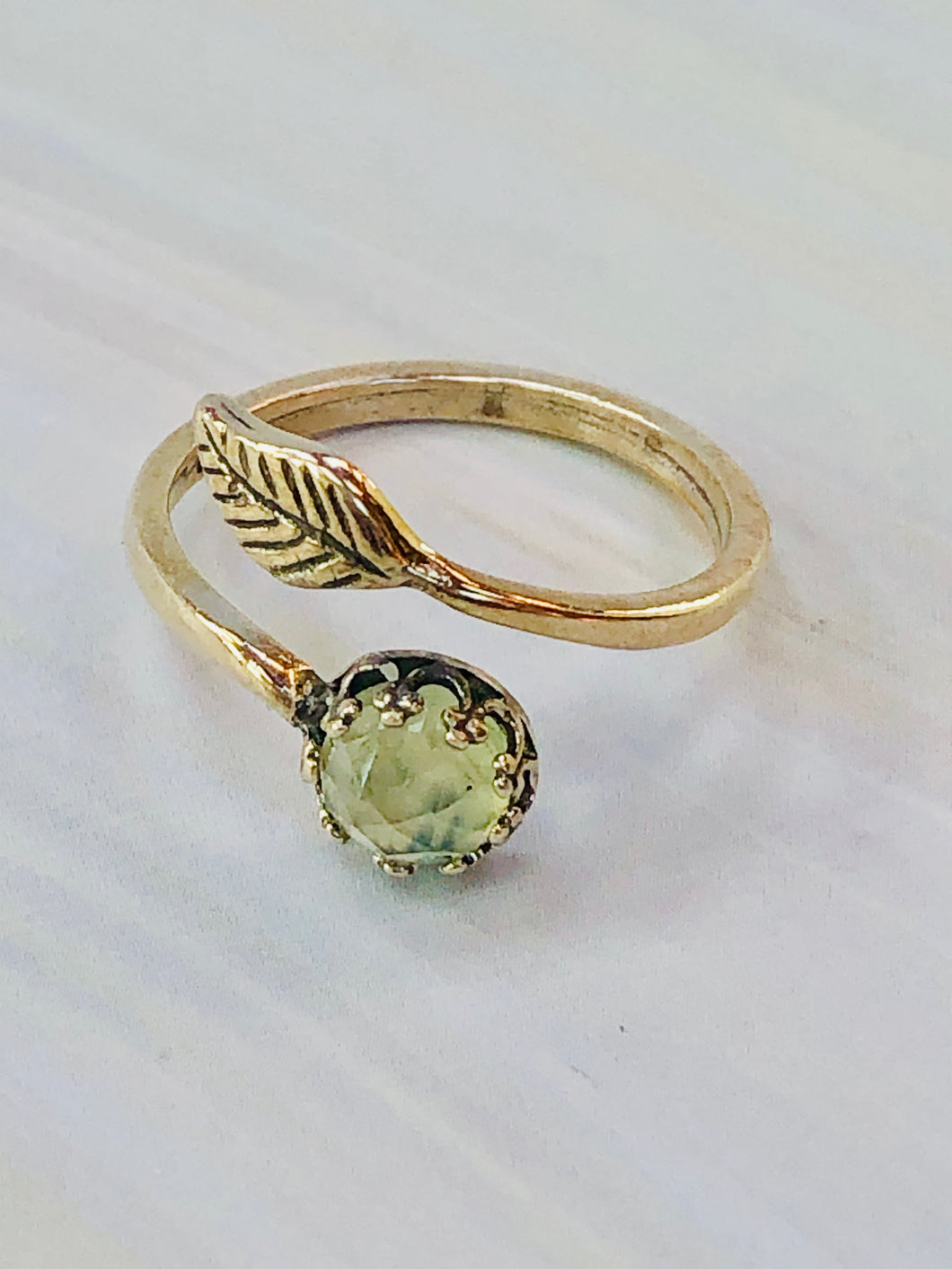 Faceted Prehnite Leaf Ring, Botanical jewelry collection