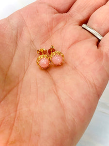 Pink Opal Stud Earrings, Dainty Pink Opal 22k Gold Post earrings, artisan jewelry