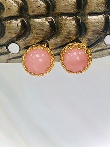 Pink Opal Stud Earrings, Dainty Pink Opal 22k Gold Post earrings, artisan jewelry