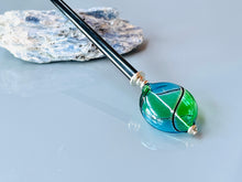 Load image into Gallery viewer, Teal and Green Blown Glass hair stick, artisan handmade hair stick, shawl pin