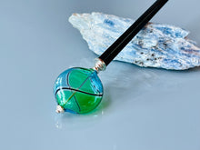 Load image into Gallery viewer, Teal and Green Blown Glass hair stick, artisan handmade hair stick, shawl pin