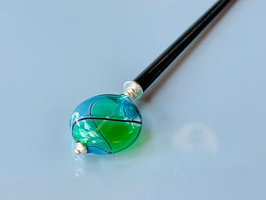 Teal and Green Blown Glass hair stick, artisan handmade hair stick, shawl pin