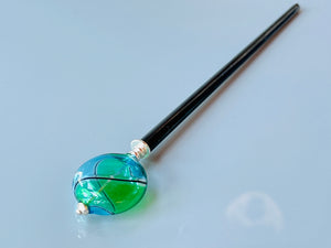 Teal and Green Blown Glass hair stick, artisan handmade hair stick, shawl pin
