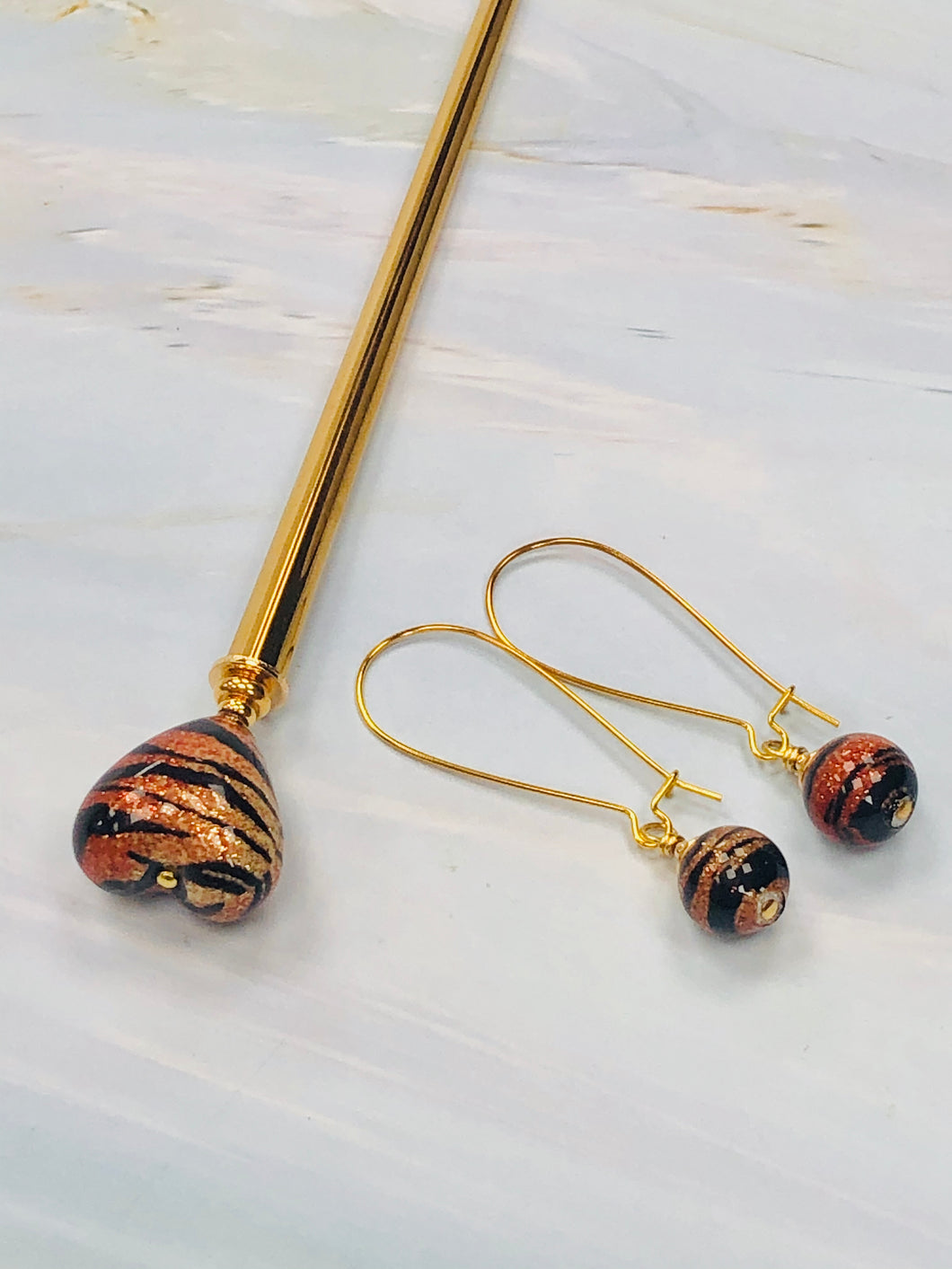 Askin' for a Baskin Tiger Art Glass hair stick, unique hair stick and earrings set