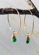 Load image into Gallery viewer, 14k gold Genuine Emerald earrings handmade Emerald gold Hoop earrings