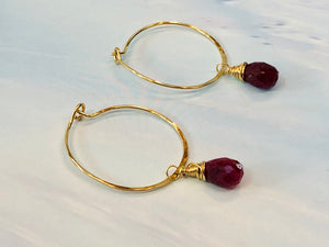 14k gold Genuine Ruby earrings handmade Ruby gold Hoop earrings
