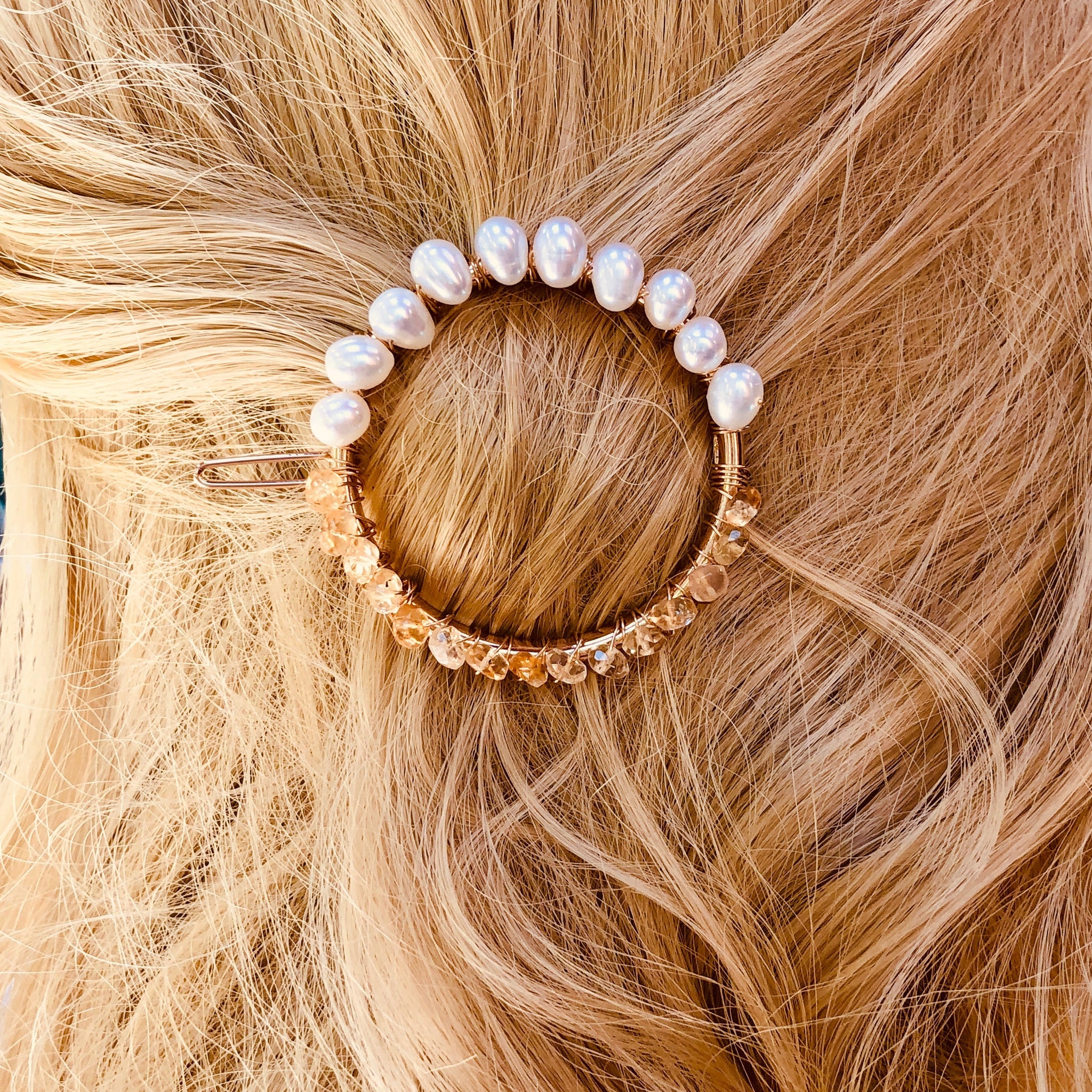 Citrine and Pearl Hair Clip, 14k Gold Pearl barrette, Luxury