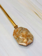 Load image into Gallery viewer, Gold Petoskey Stone Faceted Fossilized Coral gemstone hair stick, shawl pin
