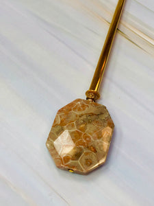 Gold Petoskey Stone Faceted Fossilized Coral gemstone hair stick, shawl pin