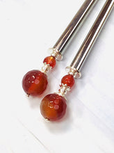 Load image into Gallery viewer, Faceted Carnelian Gemstone Hair Sticks, silver Carnelian Hair Pin, shawl pin, sweater pin,