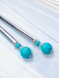Faceted Turquoise Gemstone Hair Sticks, silver Hair Pin, shawl pin, sweater pin,