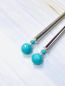 Faceted Turquoise Gemstone Hair Sticks, silver Hair Pin, shawl pin, sweater pin,