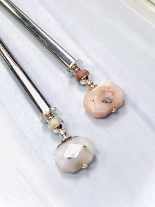 Faceted Pink Opal Gemstone Hair Sticks, silver Pink Opal Gemstone Hair Pin, shawl pin, sweater pin,