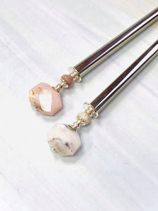 Faceted Pink Opal Gemstone Hair Sticks, silver Pink Opal Gemstone Hair Pin, shawl pin, sweater pin,Pink Opal Hair Sticks, silver Pink Opal Gemstone Hair Pin