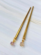 Load image into Gallery viewer, Ametrine Gemstone Hair Sticks, Luxury Gold Hair Pins, gemstone shawl pin, sweater pin,