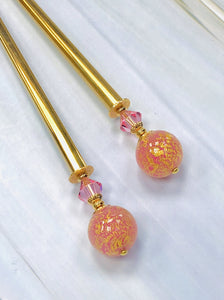 Peachy Pink 24k gold hair stick, Venetian Art Glass hair stick, shawl pin
