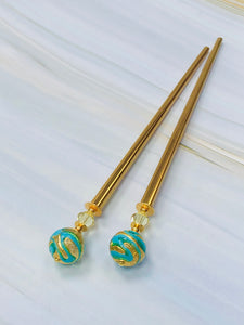 Teal Swirl 24k gold hair stick, Venetian Art Glass hair stick, shawl pin, sweater pin,
