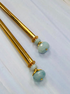 Faceted Aquamarine Gem stone Hair Sticks, Gold Hair Pins, shawl pin, sweater pin