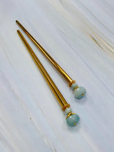 Load image into Gallery viewer, Faceted Aquamarine Gem stone Hair Sticks, Gold Hair Pins, shawl pin, sweater pin