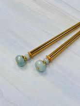 Load image into Gallery viewer, Faceted Aquamarine Gem stone Hair Sticks, Gold Hair Pins, shawl pin, sweater pin