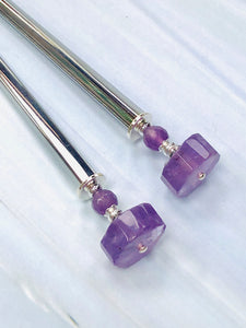 Amethyst Gemstone Hair Sticks, Luxury Silver Hair Pins, gemstone shawl pin
