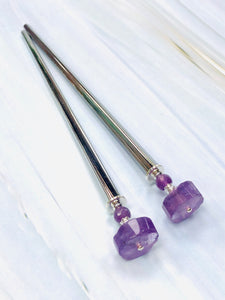 Amethyst Gemstone Hair Sticks, Luxury Silver Hair Pins, gemstone shawl pin