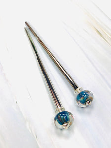 Blue Boro Art Glass Hair Sticks, hand made hair sticks, glass shawl pins