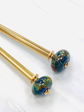 Load image into Gallery viewer, Blue Art Glass Hair Sticks, hand made glass hair sticks, boro shawl pin, sweater pins,