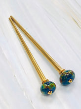 Load image into Gallery viewer, Blue Art Glass Hair Sticks, hand made glass hair sticks, boro shawl pin, sweater pins,