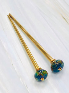 Blue Art Glass Hair Sticks, hand made glass hair sticks, boro shawl pin, sweater pins,