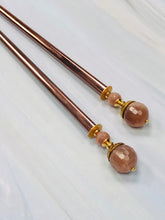 Load image into Gallery viewer, Peach Moonstone Gemstone Hair Sticks, Rose Gold Hair Pins, shawl pin, sweater pin,