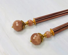Load image into Gallery viewer, Peach Moonstone Gemstone Hair Sticks, Rose Gold Hair Pins, shawl pin, sweater pin,