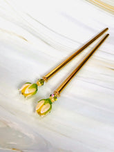 Load image into Gallery viewer, Budding Blooms Gold Art glass hair stick, hand made flower hair stick, shawl pin, sweater pin,