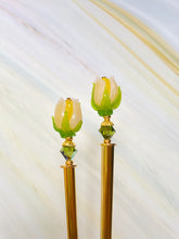 Load image into Gallery viewer, Budding Blooms Gold Art glass hair stick, hand made flower hair stick, shawl pin, sweater pin,