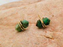 Load image into Gallery viewer, Genuine Emerald crystal point Post Earrings, dainty Genuine Emerald stud earrings, artisan Genuine Emerald  earrings