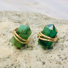Load image into Gallery viewer, Genuine Emerald crystal point Post Earrings, dainty Genuine Emerald stud earrings, artisan Genuine Emerald  earrings