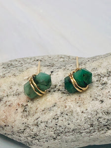 Genuine Emerald crystal point Post Earrings, dainty Genuine Emerald stud earrings, artisan Genuine Emerald  earrings
