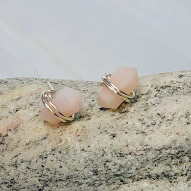 Pink Peruvian Opal Post Earrings, Pink Opal stud earrings, artisan Pink Opal earrings